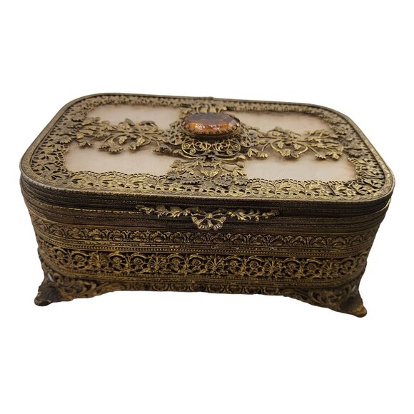 Vintage Czech Faceted Glass And Filigree Footed Casket (A6371) - Picture 1 of 8
